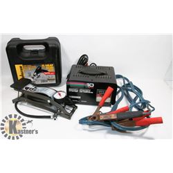 BOX OF AUTOMOTIVE TOOLS INCLUDING BATTERY CHARGER
