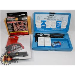 TUB OF TOOLS INCLUDING ROUTER BITS, RIVETER, AND