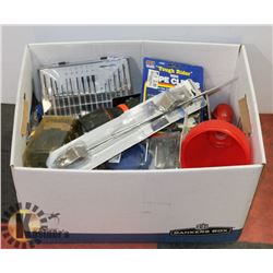 BOX OF TABLE TIE GUNS, TIE DOWNS, AND OTHER