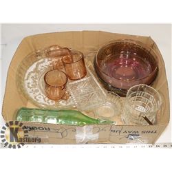 BOX OF DEPRESSION GLASS.