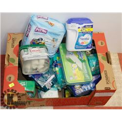 BOX OF ALWAYS PADS, DISH TABS, AND MORE