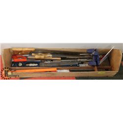 WOOD TOOL BOX WITH SAWS, LEVELS AND CONTENTS