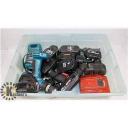 CLEAR PLASTIC BIN WITH POWER TOOL