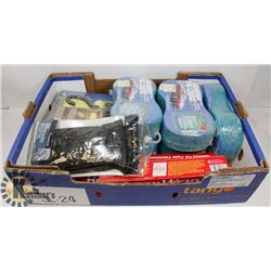 FLAT OF RATCHET STRAPS, CAR WASH SPONGE,