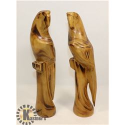 2 HAND CARVED PARROTS