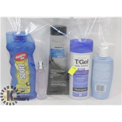 BAG OF SHAMPOO, HAIR GEL, AND MORE
