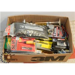 BOX OF ASSORTED AUTOMOTIVE TOOLS AND MORE