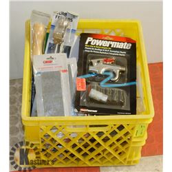 MILK CRATE OF ASSORTED TOOLS, HARDWARE, AND MORE