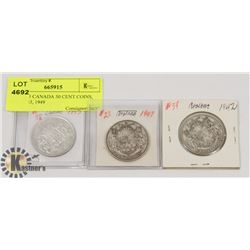 LOT OF 3 CANADA 50 CENT COINS, 1942, 1943, 1949