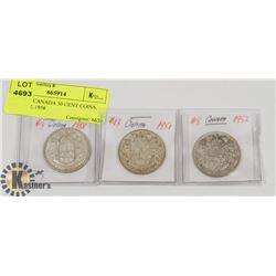 LOT OF 3 CANADA 50 CENT COINS, 1951, 1952, 1958