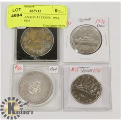 LOT OF 4 CANADA $1 COINS- 1964, 1980, 1976, 1935
