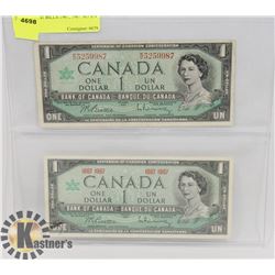 2 CANADA $1 BILLS-1967, 1967 NO S/N