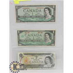 3 CANADA $1 BILLS 1954, 1973, 1967 NO S/N