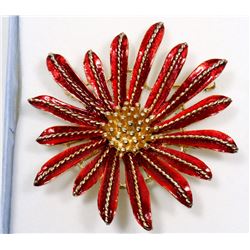 LARGE RED W/ GOLD ACCENT FLOWER BROOCH