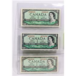 SHEET OF 3 CANADIAN 1954 ONE DOLLAR NOTES.