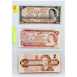 SHEET OF 3 DIFFERENT CANADIAN TWO DOLLAR BILLS