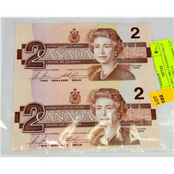 SET OF TWO 1986 CANADIAN UNCUT TWO DOLLAR BILLS.