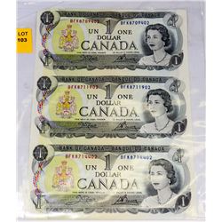 SET OF THREE 1973 CANADIAN UNCUT ONE DOLLAR BILLS.