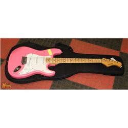 TRUNTY RIVER ELECTRIC PINK GUITAR WITH SOFT CASE.