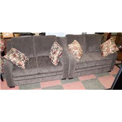 PAIR OF CHARCOAL FABRIC 52" LOVESEATS WITH ACCENT