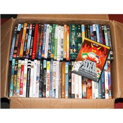 BOX OF 110+ ASSORTED DVDS.