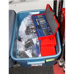 BIN OF ASSORTED SOCKETS, ALLAN KEYS AND MORE.
