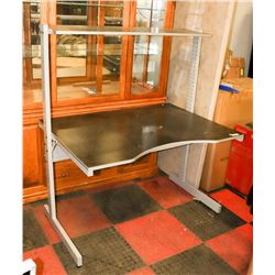 WOOD DESK WITH GLASS SHELVES AND DOOR,