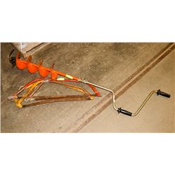 LOT OF VINTAGE BOW SAWS, ICE AUGER