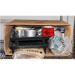 BOX OF PAINT TRAYS, ROLLERS, BRUSHES, PAINT TAPE