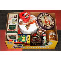 BOX OF VINTAGE TINS 1950S AND UP.