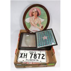 FLAT WITH VARIOUS COLLECTIBLES COCA COLA TRAY,