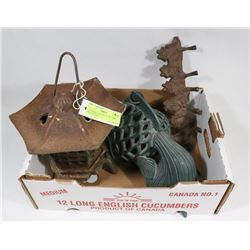 3 IRON DECORATIVE ITEMS. FISH, FROG HOOKS +