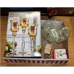 BOX WITH PAINTED GLASS CANDLE HOLDERS, POTTERY