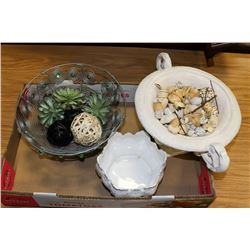 LARGE WHITE HOME DECOR BOWL WITH ASSORTED WOOD