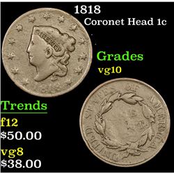 1818 Coronet Head Large Cent 1c Grades vg+