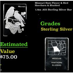Missouri State Flower & Bird Hawthorn & Bluebird 1.4oz .925 Sterling Silver Bar Grades