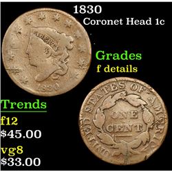 1830 Coronet Head Large Cent 1c Grades f details