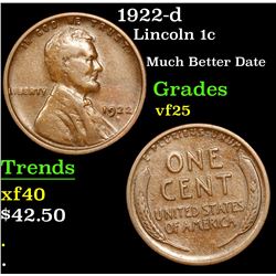 1922-d Lincoln Cent 1c Grades vf+