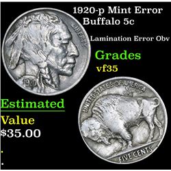 1920-p Mint Error Buffalo Nickel 5c Grades vf++