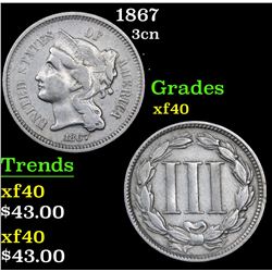 1867 Three Cent Copper Nickel 3cn Grades xf