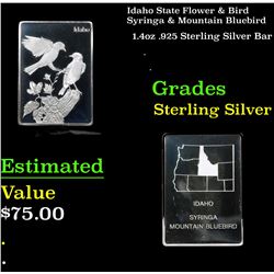 Idaho State Flower & Bird Syringa & Mountain Bluebird 1.4oz .925 Sterling Silver Bar Grades