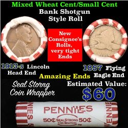 Mixed small cents 1c orig shotgun roll, 1913-s Wheat Cent, 1857 Flying Eagle other end