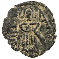 ARAB-BYZANTINE: Standing Caliph, ca. 692-697, AE fals (2.92g), Manbij. VF-EF