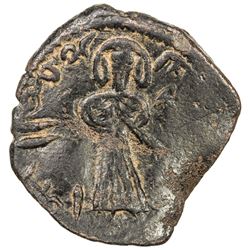 ARAB-BYZANTINE: Standing Caliph, ca. 692-697, AE fals (2.88g), Manbij. VF-EF