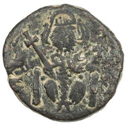 ARAB-BYZANTINE: Enthroned Emperor, after 670, AE fals (4.03g), pseudo-Damascus, ND. VF