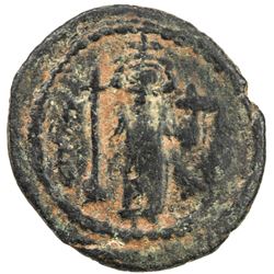 ARAB-BYZANTINE: Standing Emperor, ca. 660s-670s, AE fals (3.24g), Tabariya, year  17 , VF