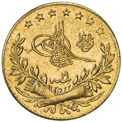TURKEY: Abdul Hamid II, 1876-1909, AV 25 kurush, Kostantiniye, AH1293 year 19. VF-EF