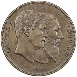 BELGIUM: Leopold II, 1865-1909, AE 5 francs, 1880. EF