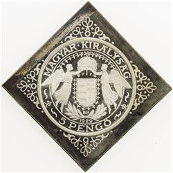 HUNGARY: Miklos Horthy, regent, 1920-1944, klippe AR 5 pengo, 1929-BP. PF