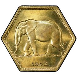 BELGIAN CONGO: Leopold III, 1934-1950, 2 francs, 1943. PCGS MS64